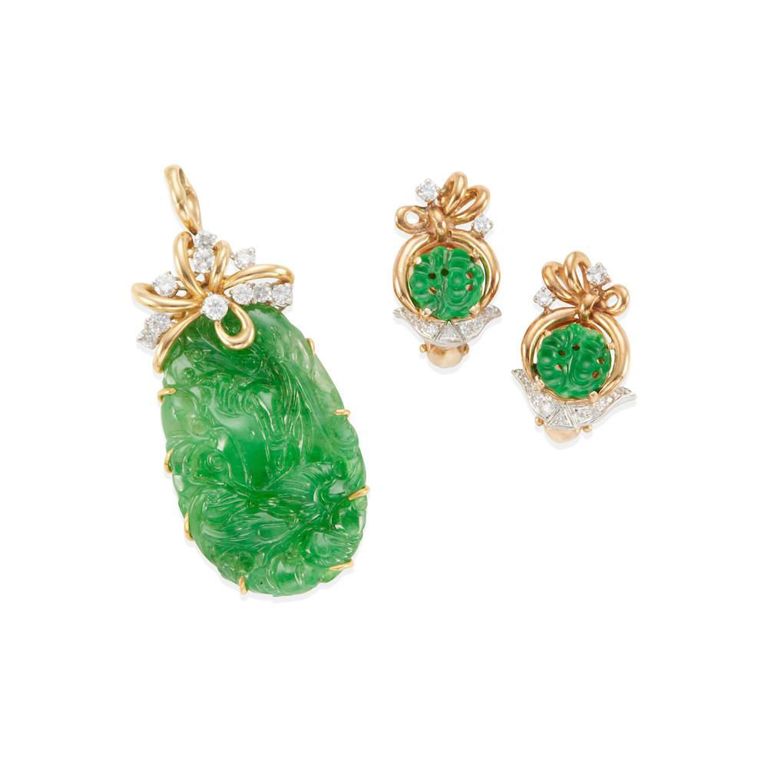 Jade and Diamond Pendant and Ear Clips Set