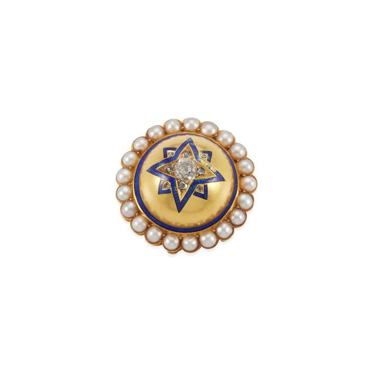 18k Gold Diamond Pearl and Enamel Brooch