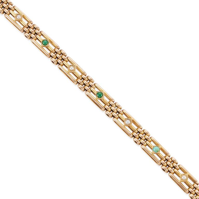 14k Yellow Gold Turquoise and Pearl Link Bracelet
