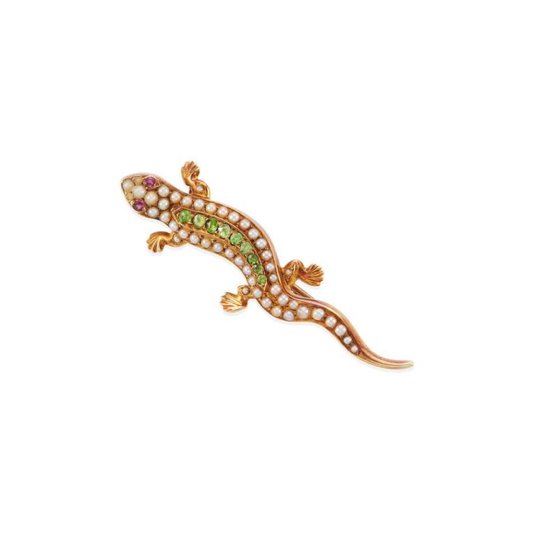 12k Yellow Gold Peridot Pearl and Ruby Brooch