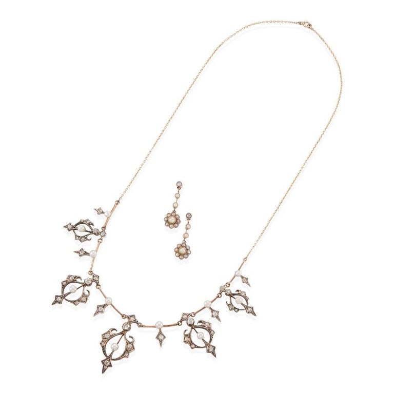 Pearl and Diamond Necklace and Earrings