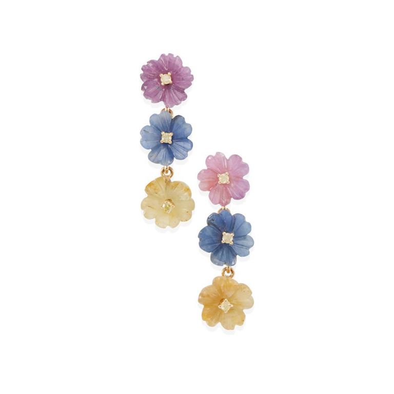 Carved Sapphire, Ruby and Diamond Earrings