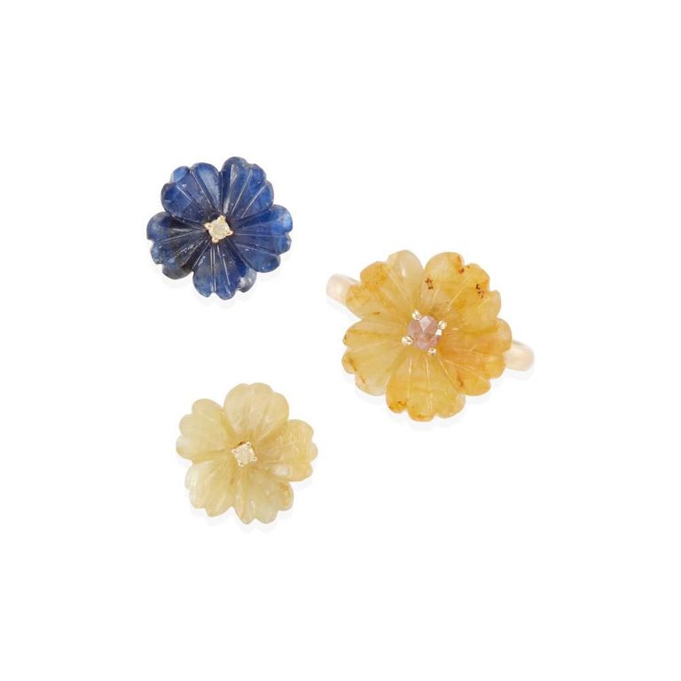 Carved Sapphire and Diamond Set
