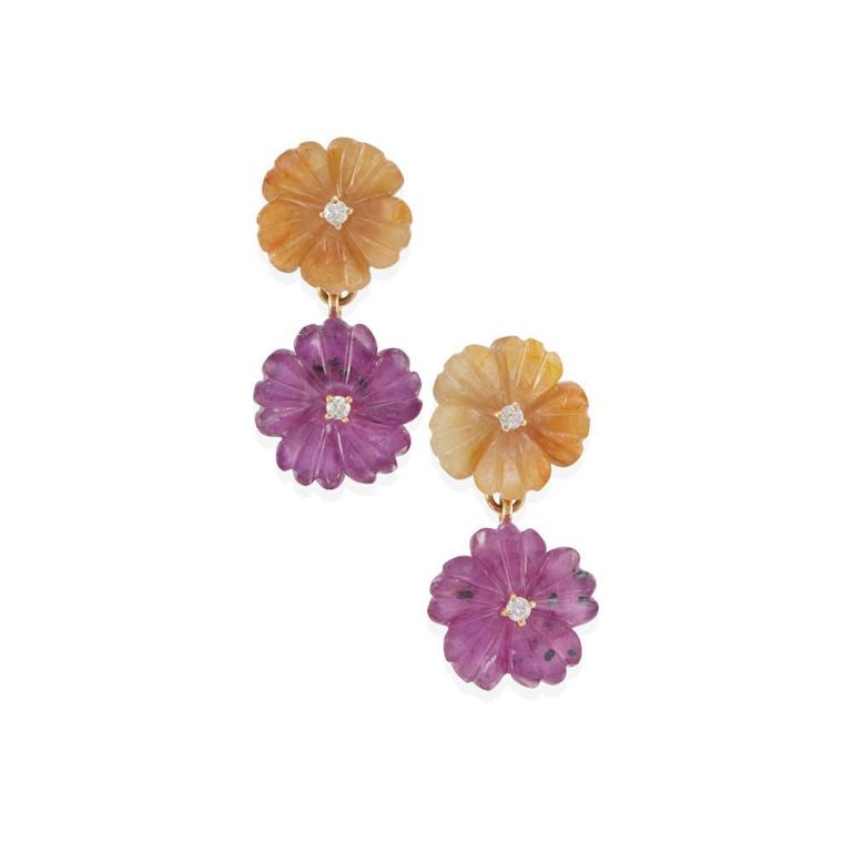 Carved Sapphire, Ruby and Diamond Earrings