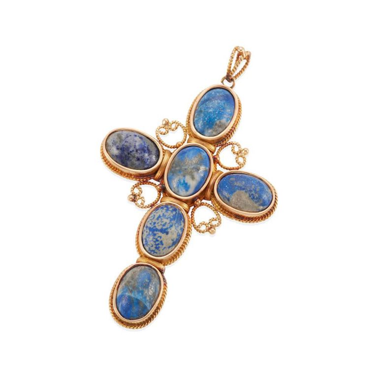 14k Yellow Gold Lapis Lazuli Cross Pendant