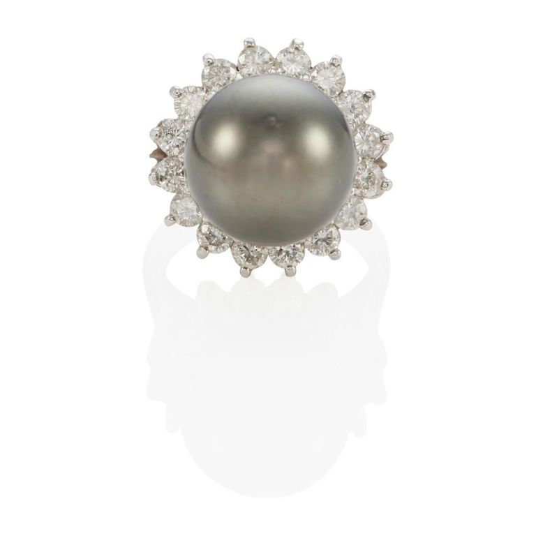 14k White Gold Cultured Pearl and Diamond Ring