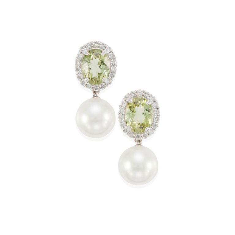 Cultured Pearl Tourmaline and Diamond Earrings