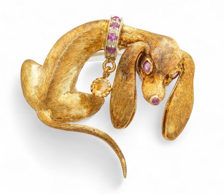 18k Yellow Gold Ruby Dachshund Brooch