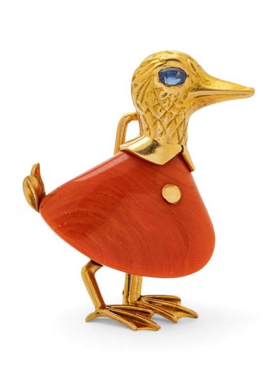 18k Yellow Gold Coral and Sapphire Duck Brooch