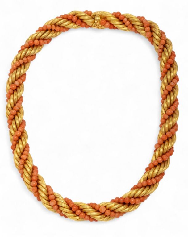 18k Yellow Gold and Coral Torsade Necklace