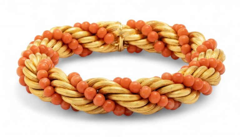 18k Yellow Gold and Coral Torsade Bracelet
