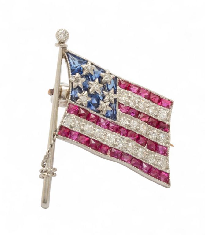 Platinum Ruby, Sapphire and Diamond Flag Brooch