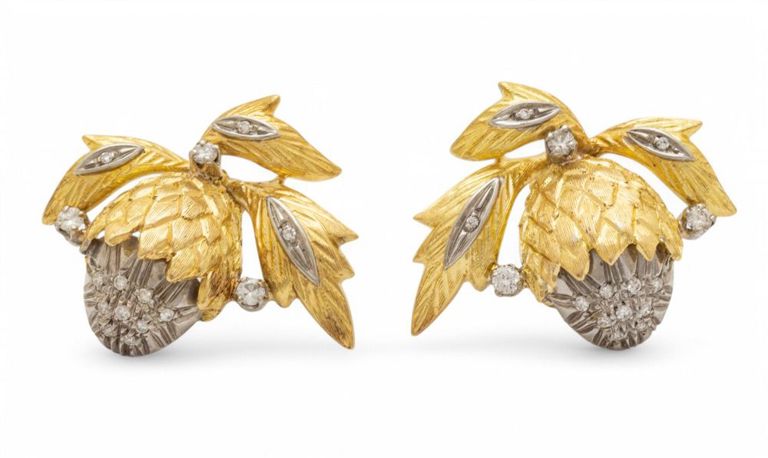 18k Yellow and White Gold Diamond Acorn Earrings