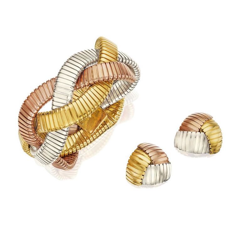 18k Tri-Color Gold Bracelet and Earclip Set