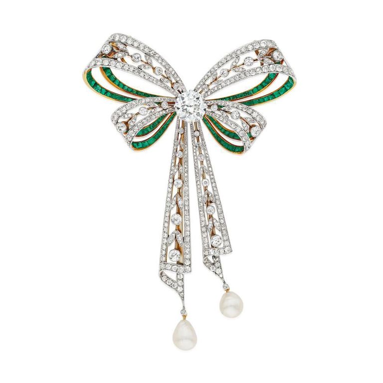 Diamond, Emerald and Natural Pearl Brooch