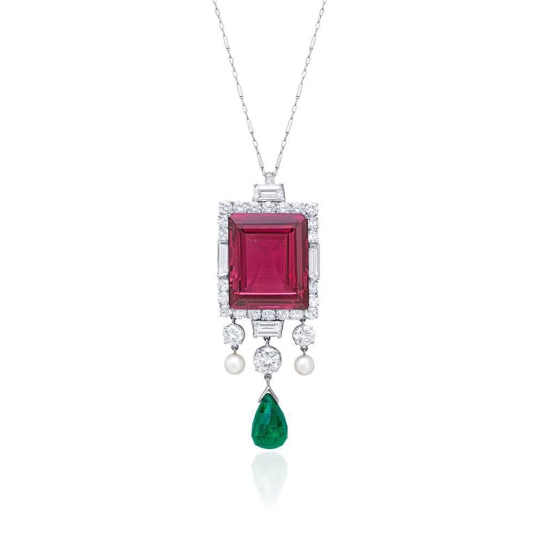 Spinel, Emerald, Diamond and Pearl Pendant