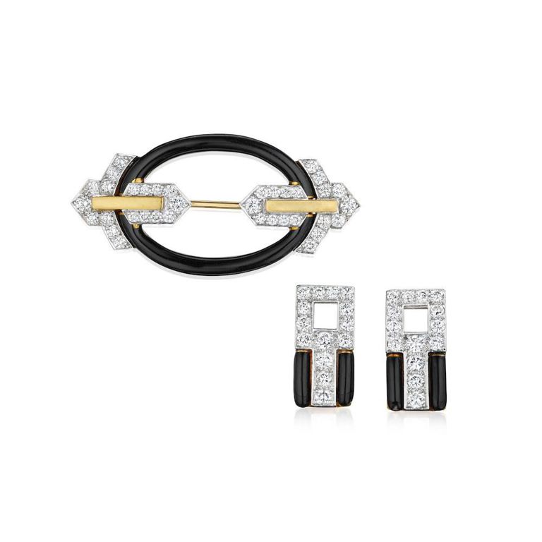 Enamel and Diamond Brooch and Earclips Set