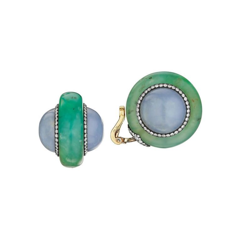 Jadeite, Chrysoprase and Diamond Earclips