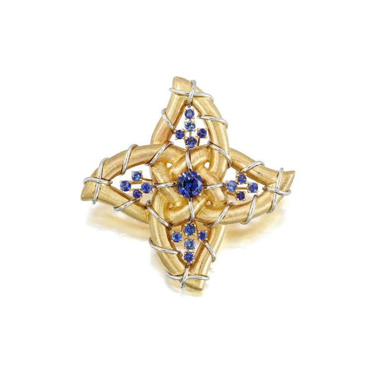 18k Gold and Platinum Benitoite Brooch