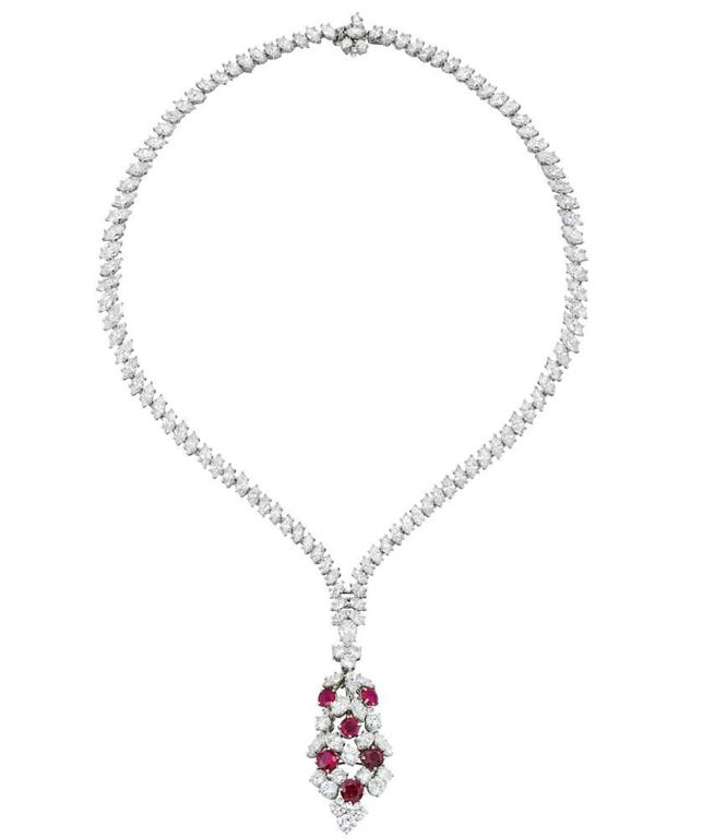 Platinum Diamond and Ruby Pendant Necklace