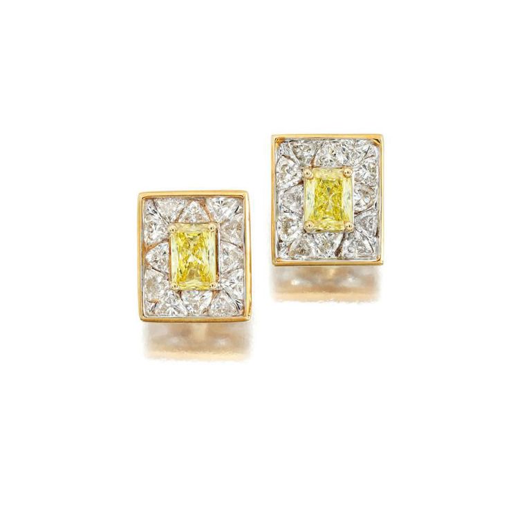 Fancy Yellow Diamond and Diamond Earclips