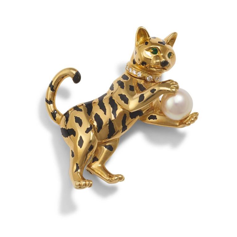 18k Gold Gem-Set and Enamel Cat Brooch