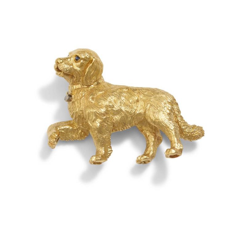 18k Gold Diamond and Sapphire Dog Brooch