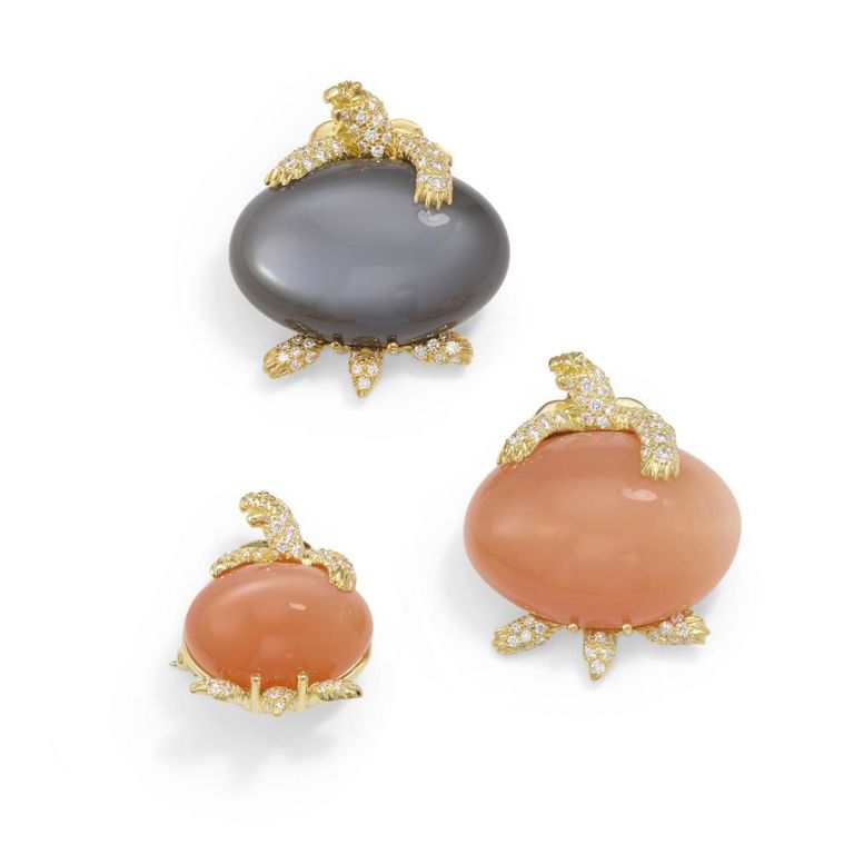 18k Gold Diamond and Moonstone Brooches