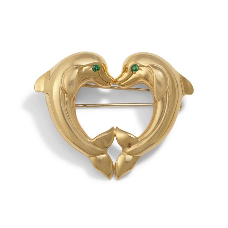 18k Gold and Emerald Dolphin Brooch