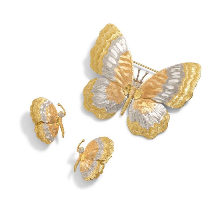 18k Tricolor Gold Butterfly Brooch and Earrings