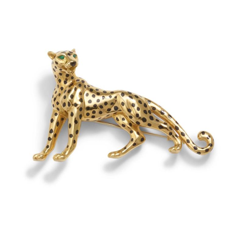 18k Gold Emerald and Enamel "Panthère" Brooch