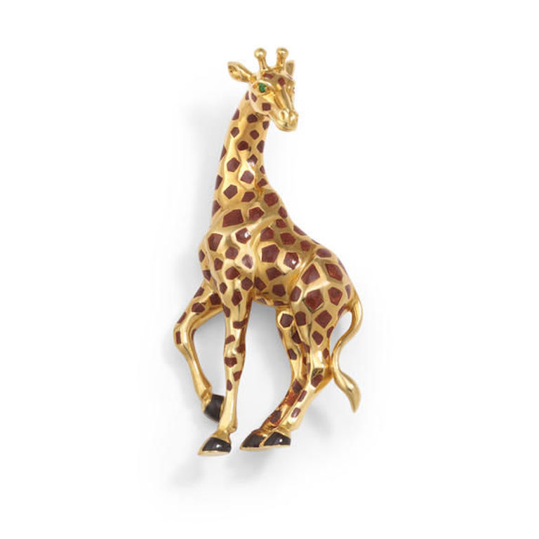 18k Gold Emerald and Enamel Giraffe Brooch
