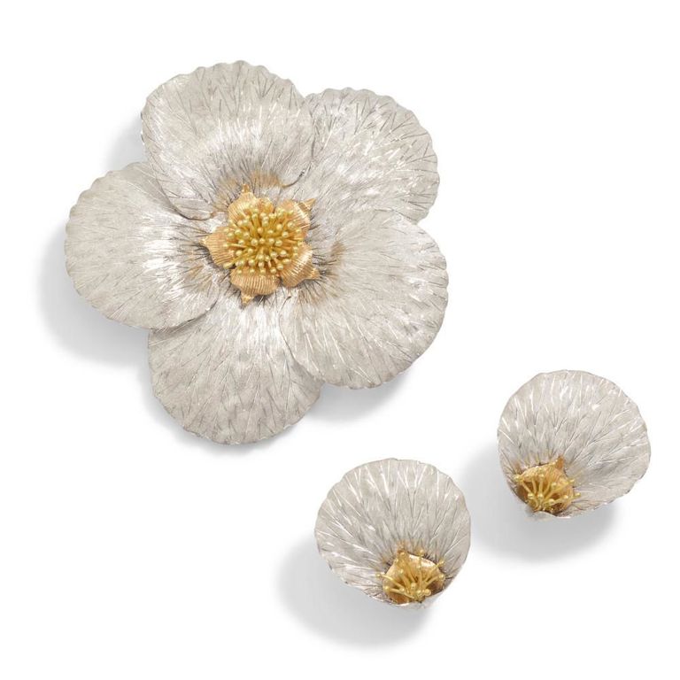 18k Gold "Magnolia" Brooch and Earrings Set