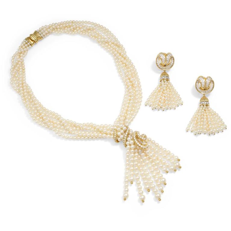 Cultured Pearl and Diamond Necklace and Earrings