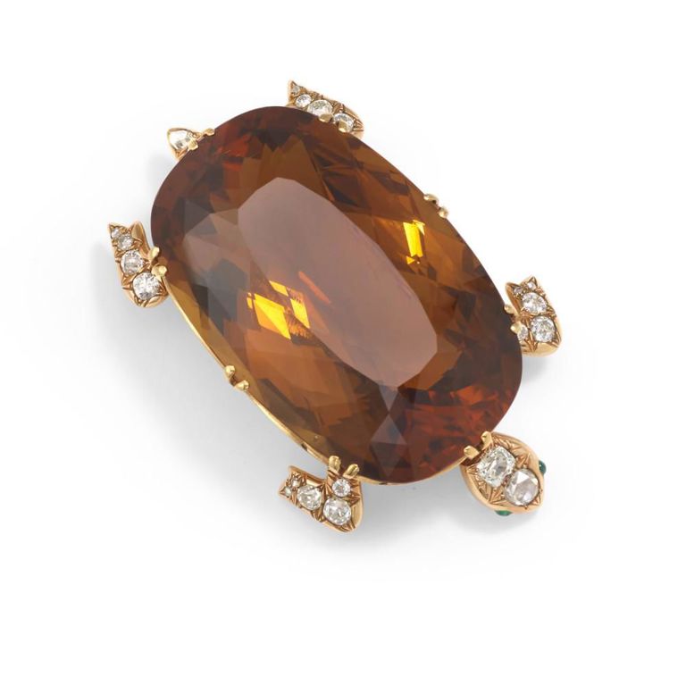 Smoky Quartz, Emerald and Diamond Turtle Brooch
