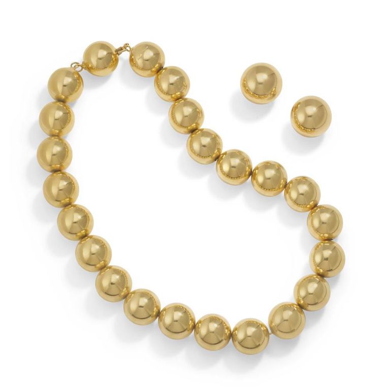 18k Yellow Gold Bead Necklace and Earclips Set