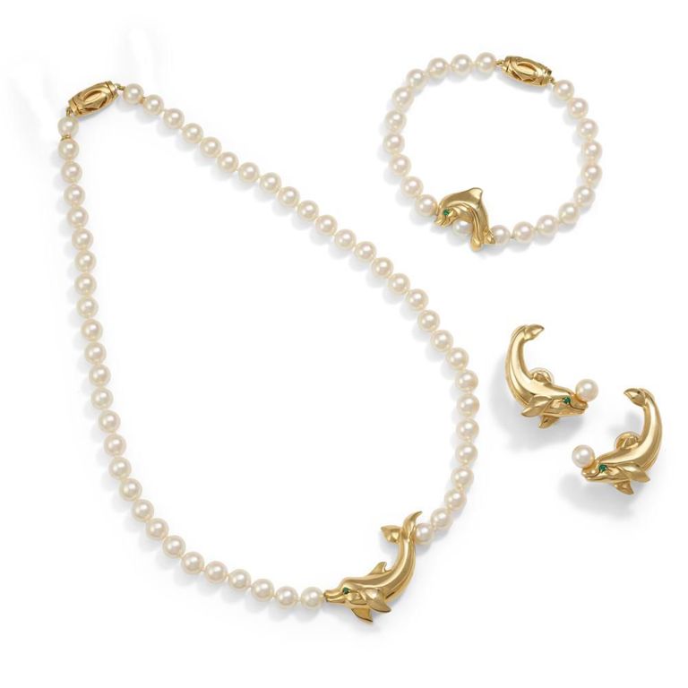 Cultured Pearl and Tsavorite Dolphin Set