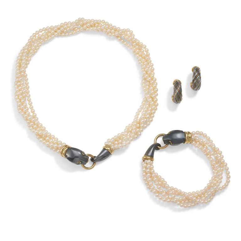Cultured Pearl and Emerald "Panthère" Set