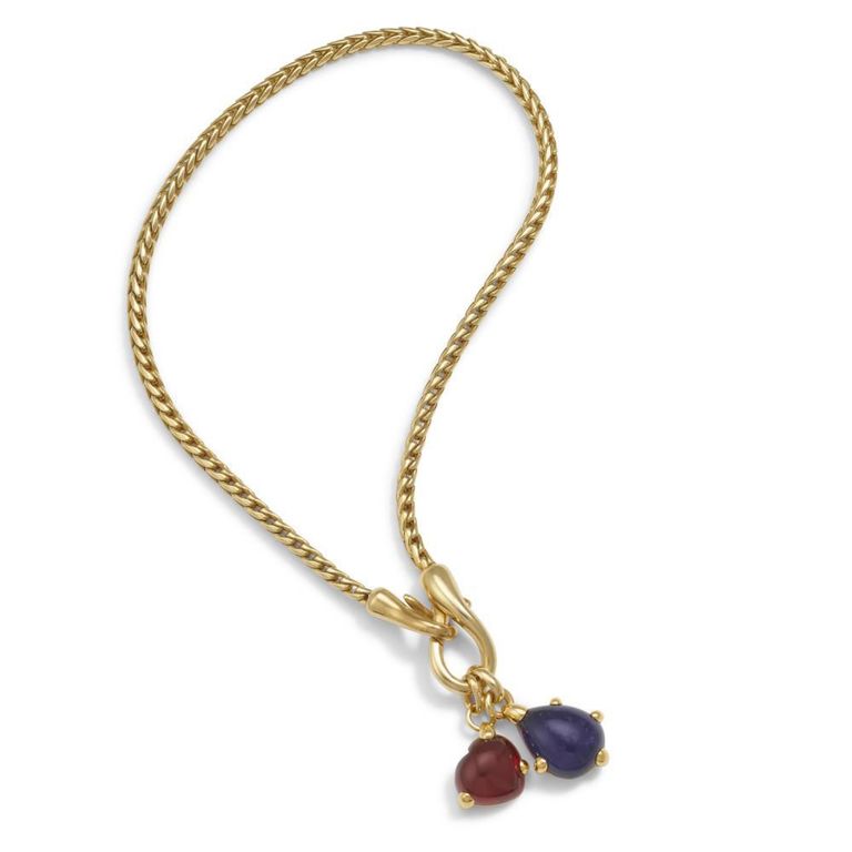18k Gold Iolite and Garnet Pendant Necklace
