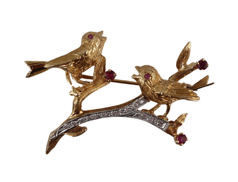 13k Bi-Color Gold Ruby and Diamond Brooch