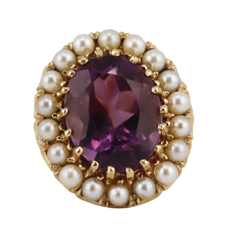 14k Yellow Gold Amethyst and Pearl Ring