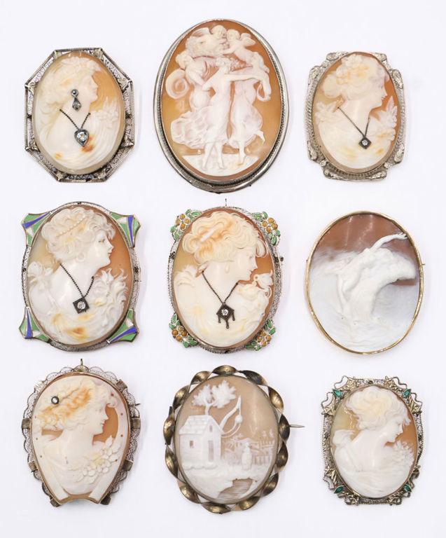 Gold Mounted Diamond and Gem Cameo Brooches