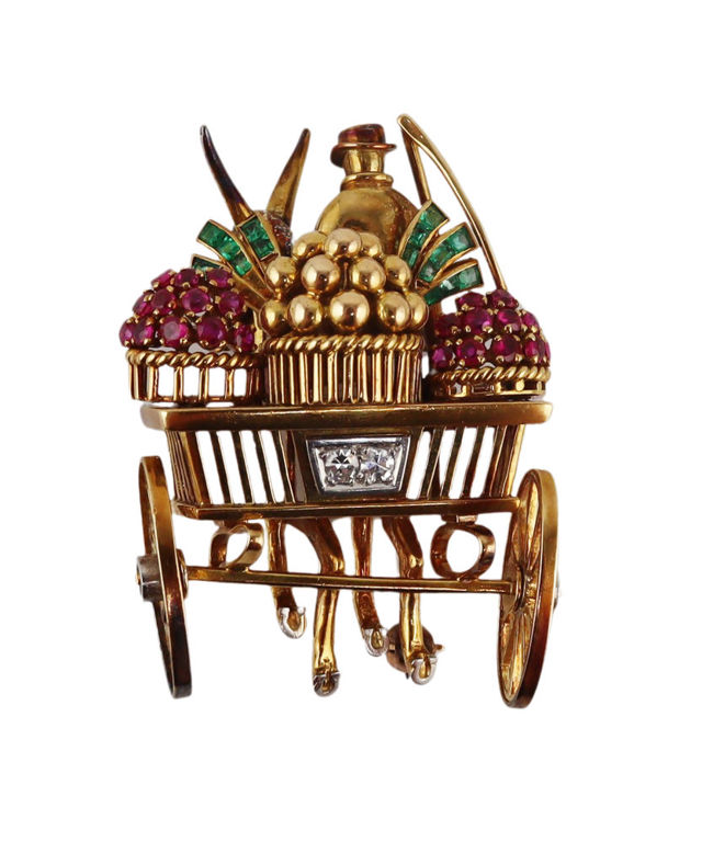 18k Yellow Gold Ruby, Emerald and Diamond Brooch