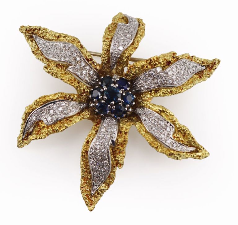 18k Two-Tone Gold Diamond and Sapphire Brooch