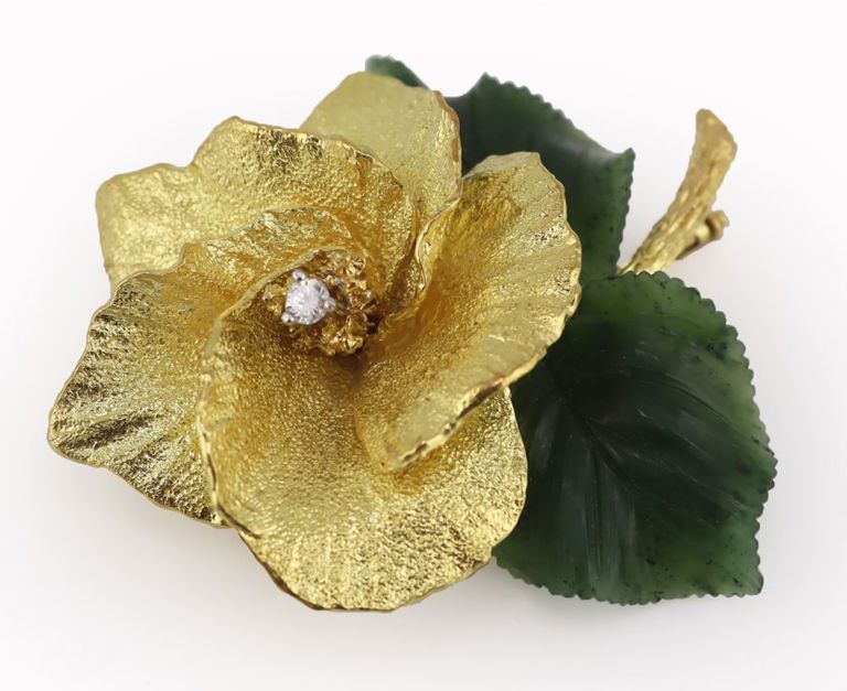 18k Yellow Gold Jade and Diamond Rose Brooch