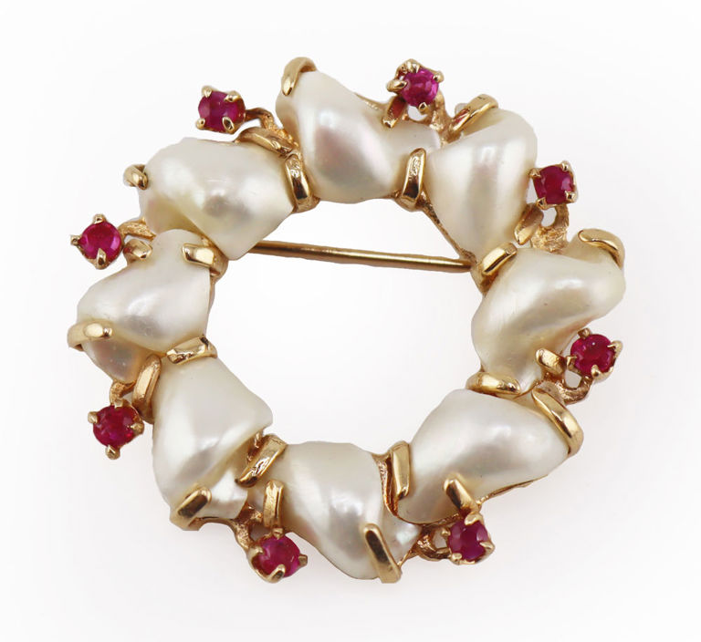 14k Yellow Gold Pearl and Ruby Brooch