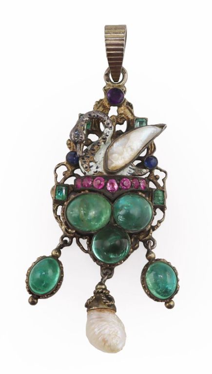 Silver Enamel Pearl and Gem Pendant