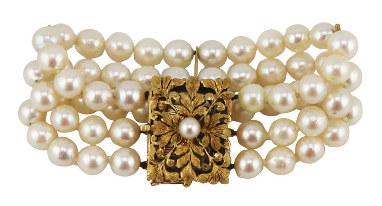 18k Gold Triple Strand Pearl Bracelet