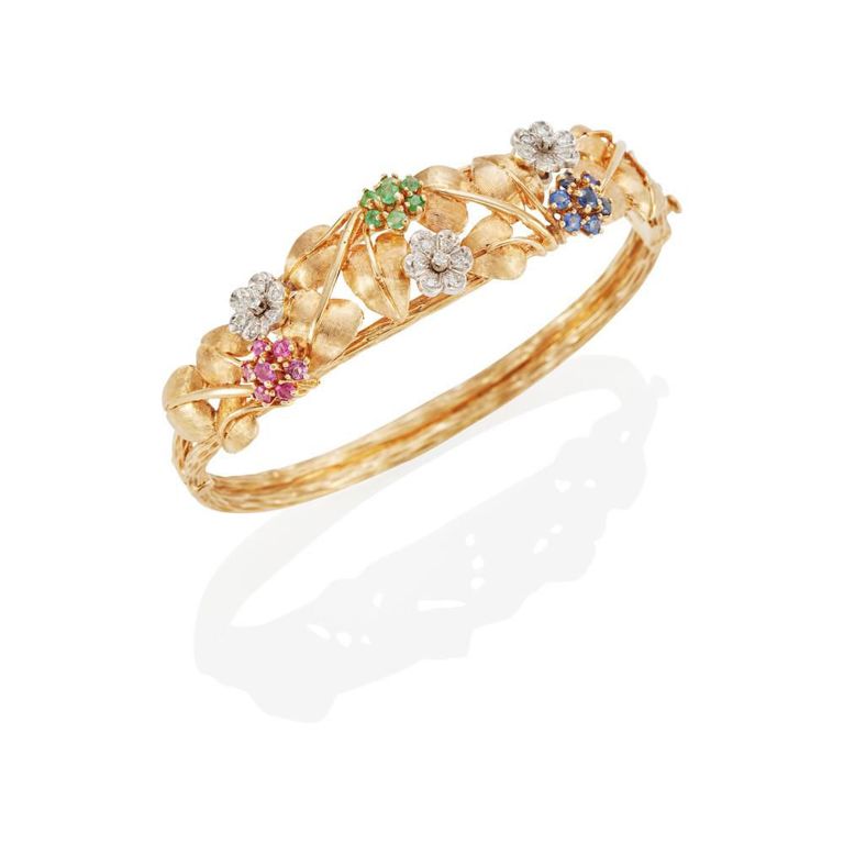 14k Gold Gem-Set Hinged Bangle Bracelet