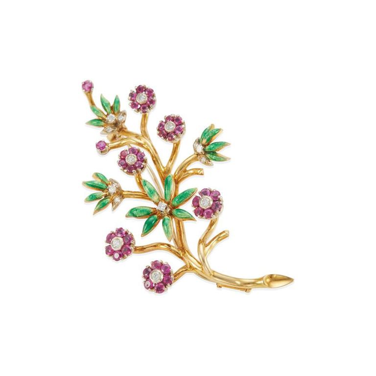 18k Gold Ruby and Diamond Enamel Brooch